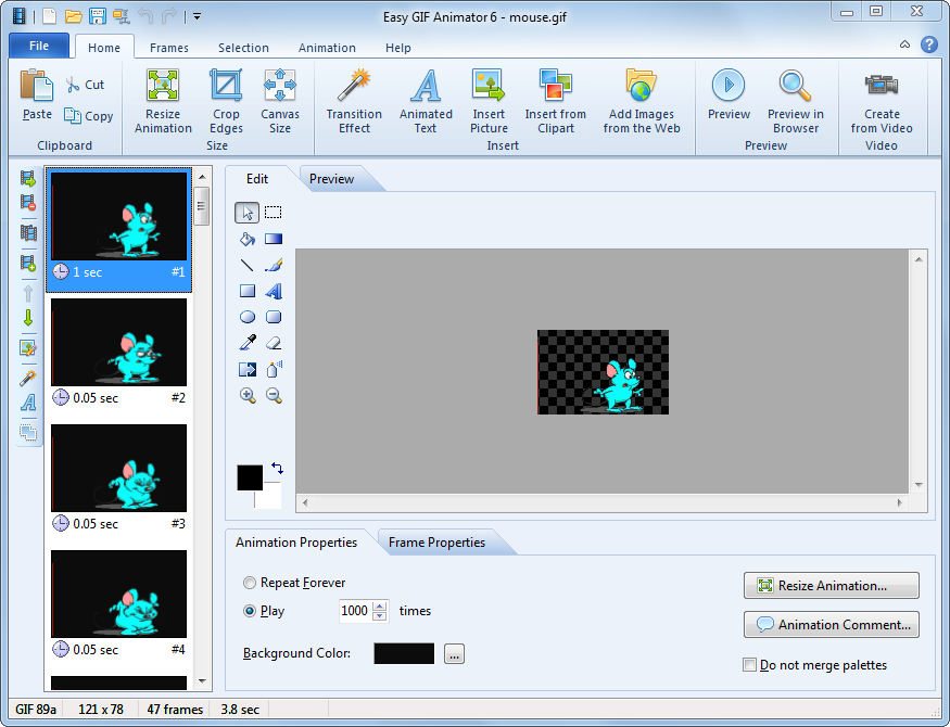 Az Easy GIF Animator munkaasztala
